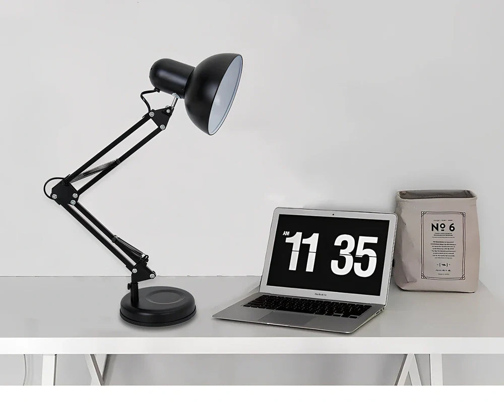 Black iron adjustable swing arm desk lamp with clip base and E27 socket, extended 40cm for workspace lighting