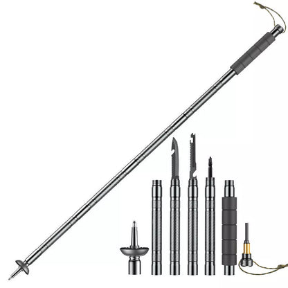Aluminum alloy walking stick with integrated survival knife and tools for outdoor survival