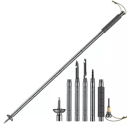 Aluminum alloy walking stick with integrated survival knife and tools for outdoor survival