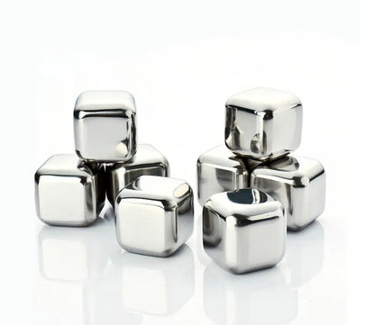 Set of eight stainless steel whiskey cooling stones with metal clip in plastic storage container