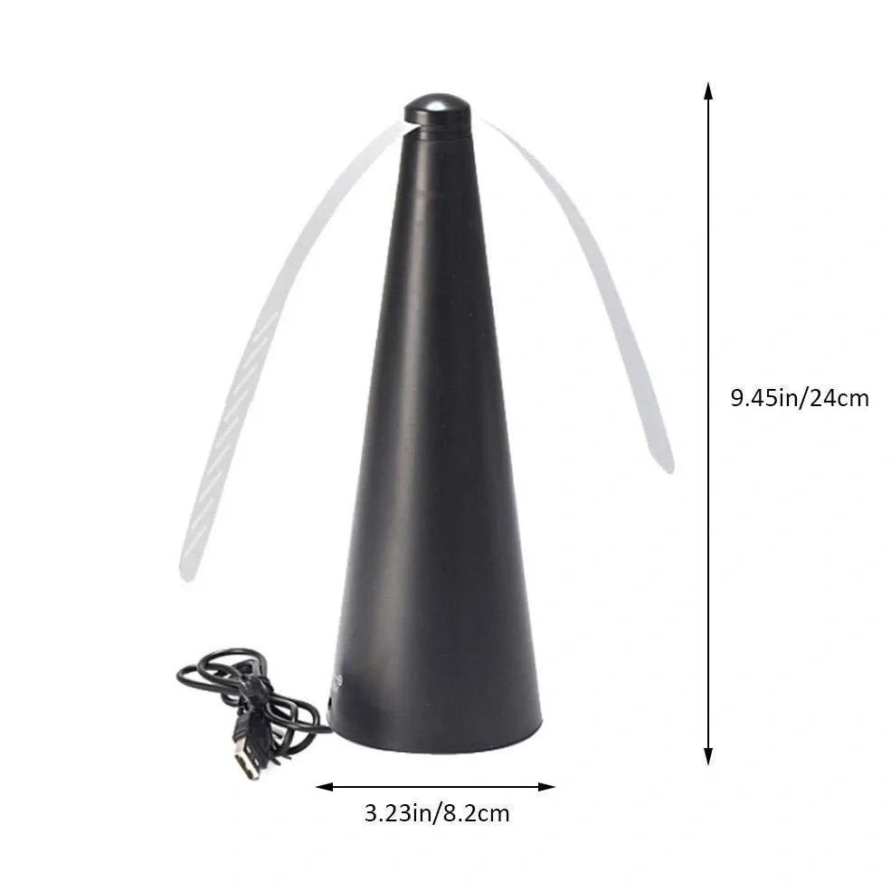 Black fly repellent fan measuring 8.2x8.2x24cm with USB cable for insect protection during meals