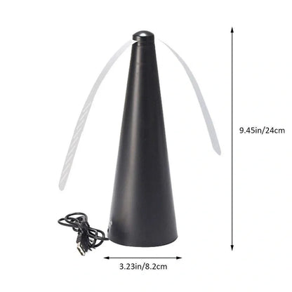 Black fly repellent fan measuring 8.2x8.2x24cm with USB cable for insect protection during meals