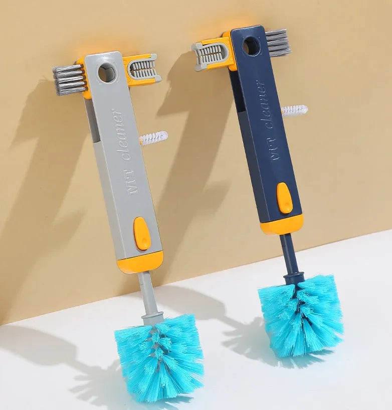 Blue and grey 4-in-1 multifunctional bottle and cup cleaning brush set with silicone, wire, and bristle heads.