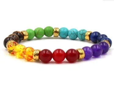 Natural Stone Colorful Chakra Energy Yoga Bracelet with geometric design and 8mm beads