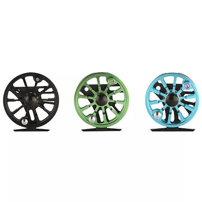 Fly fishing wheel with aluminum coil in blue, black, or green for precision casting