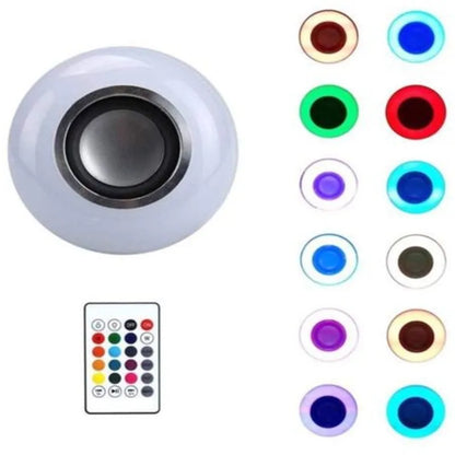 White E27 Bluetooth smart LED bulb with built-in speaker and remote control for colour-changing lighting.