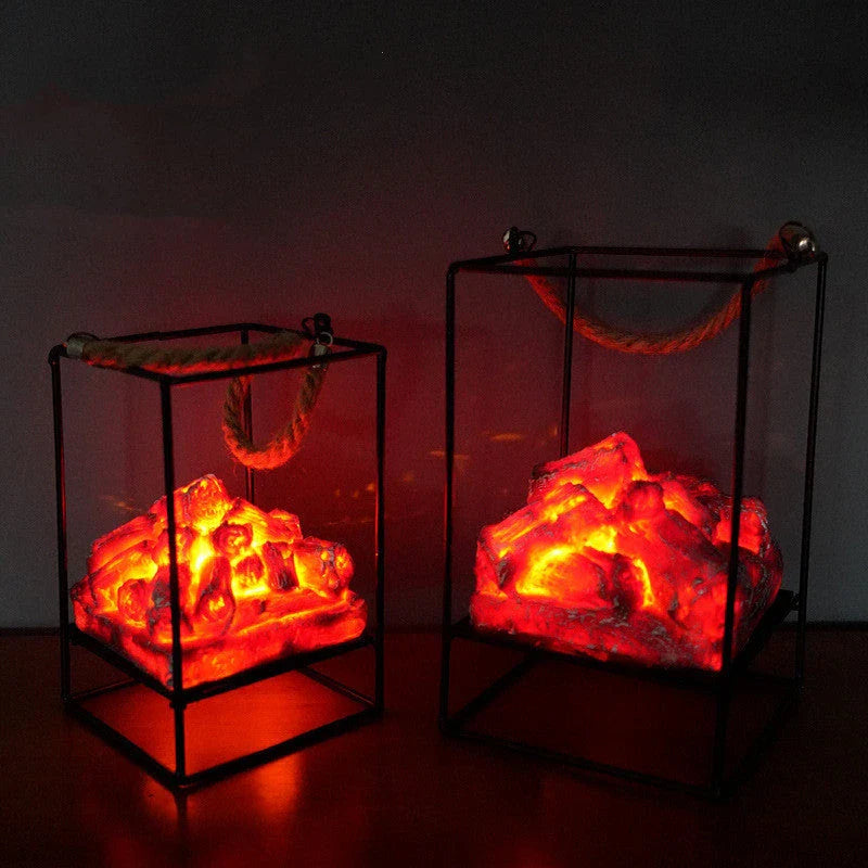LED Flame Fireplace Lamp with simulated charcoal effect, creating a cozy and inviting ambiance in a living room.