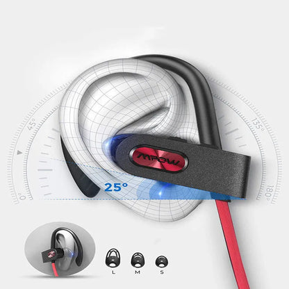 Red hanging ear Bluetooth wireless headset with microphone showing earpiece design