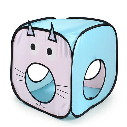 Foldable grey cat tunnel and tent set with fish and paw print pattern, shown assembled and collapsed flat.