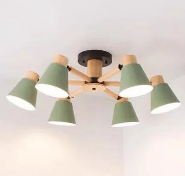 Nordic Macaron ceiling lamp with ironwood construction and multiple light heads in various colour options