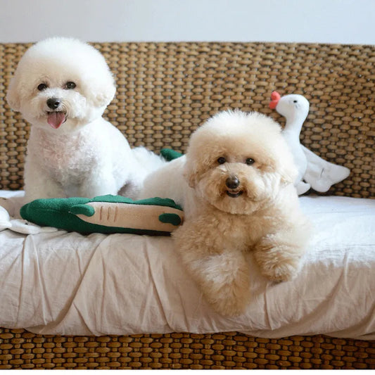 Green plush toy dog measuring 35cm with durable construction for pet play