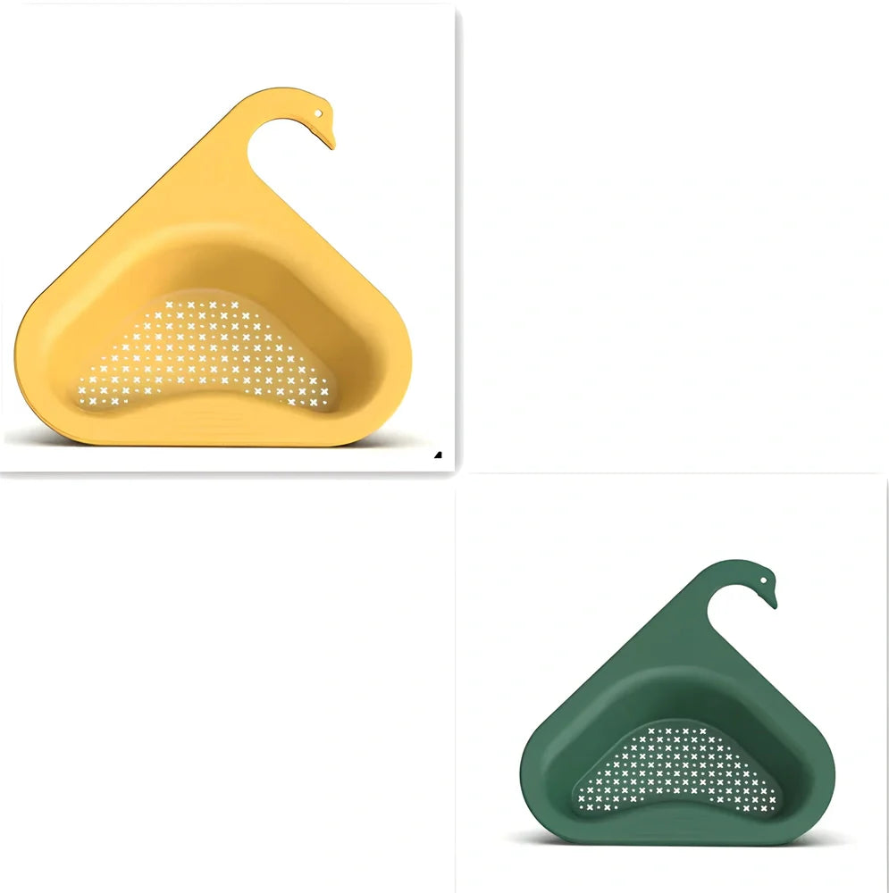 Yellow swan-shaped plastic kitchen drainer basket with drainage holes on kitchen counter