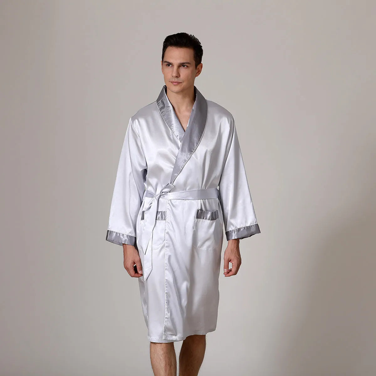 Men's silk bathrobe in summer colours including black with yellow collar and red crane design