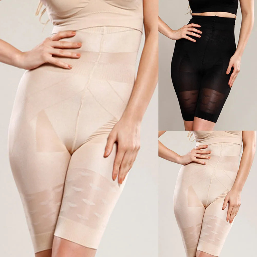 Women's seamless high-waist shapewear shorts in black and nude colours showing tummy control design