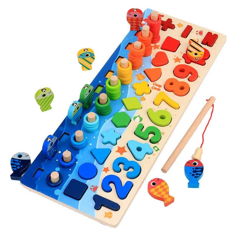 Colorful educational wooden toys for kids, featuring interactive games like math, counting, and shape matching to promote early childhood development