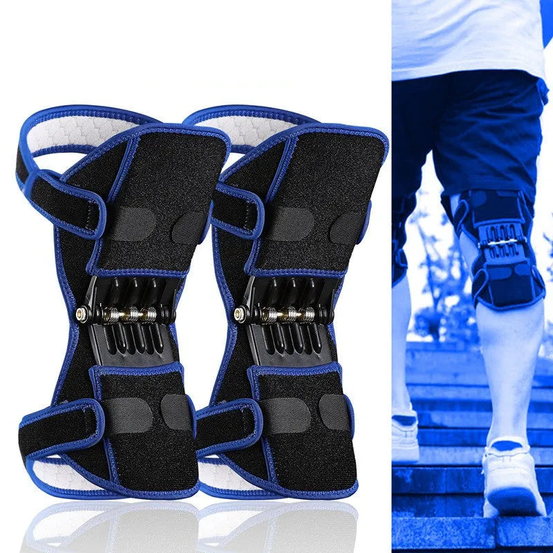 Adjustable spring knee brace for sports support in black, shown with straps.