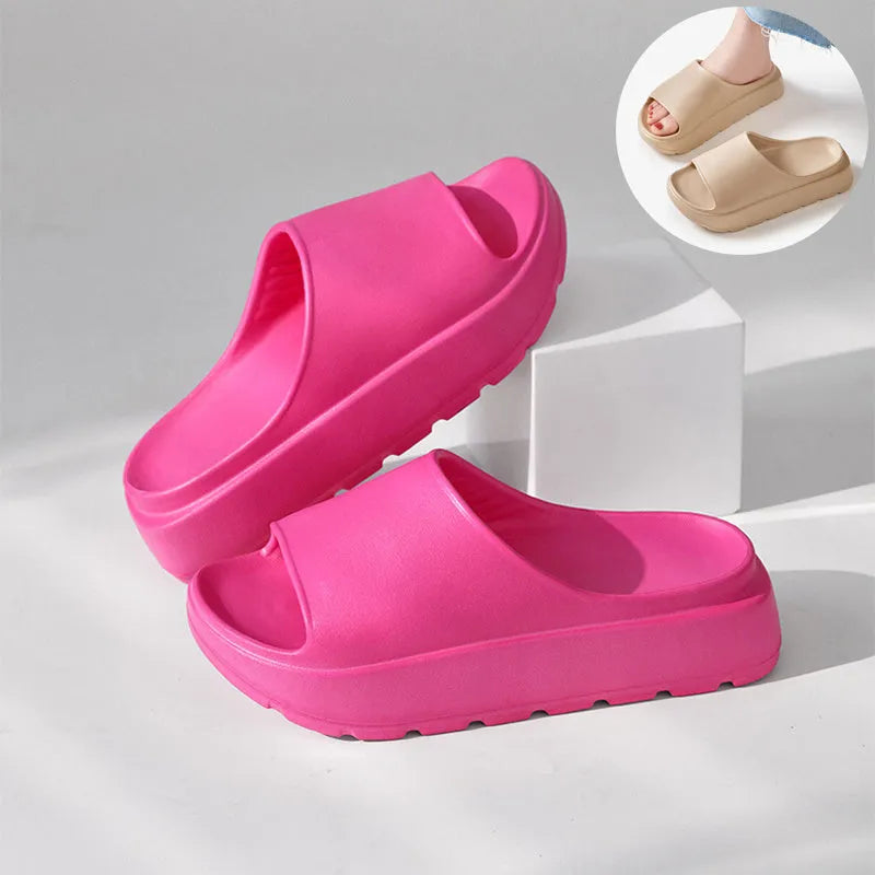 Women's beige 5.5cm thick-soled EVA slippers with injection-moulded construction for bathroom and beach use