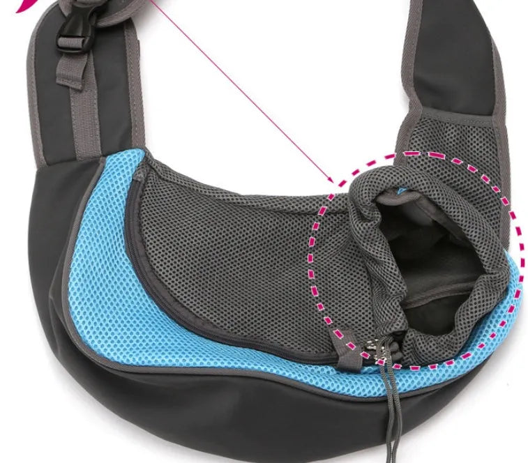 Blue pet backpack with mesh ventilation panels and adjustable padded shoulder straps for cat or small dog transport