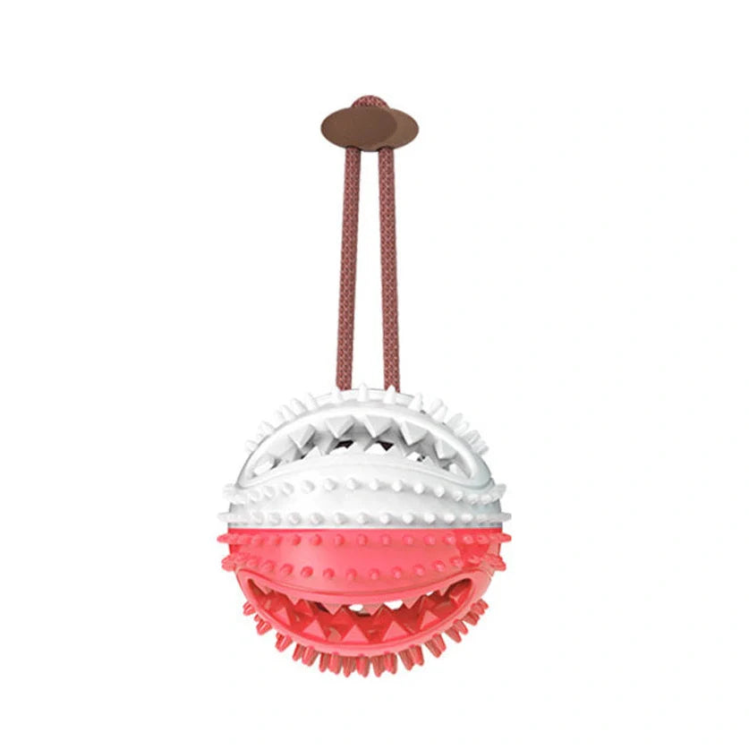 Red and blue silicone dog ball toy with suction cup attached to tile surface