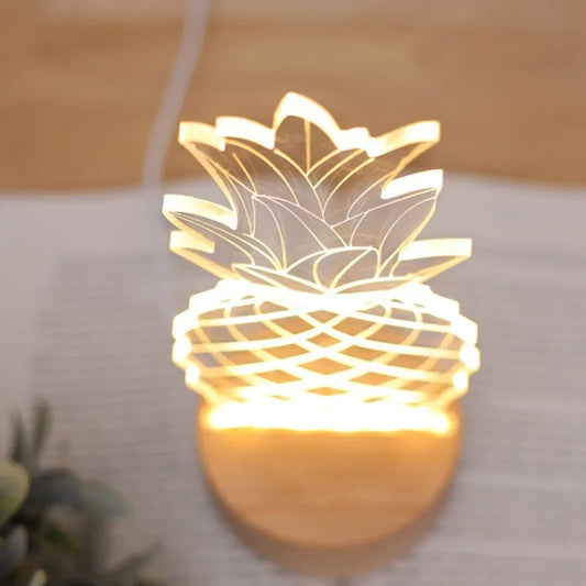 Cartoon pineapple bedside lamp with wood and acrylic materials, dimmable LED, and USB cable, dimensions 24.5x10cm