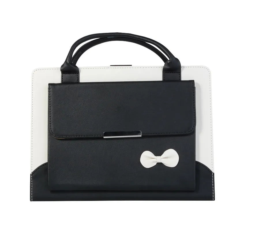 iPad case in black imitation leather with wallet style and bow handbag detail, compatible with iPad Air Pro Mini