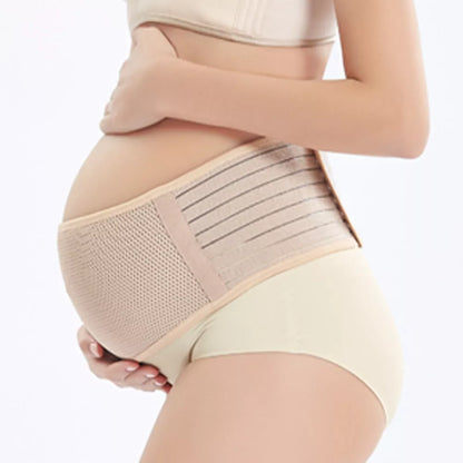 Adjustable mid-pregnancy abdominal support belt in pink, black, brown, and gray