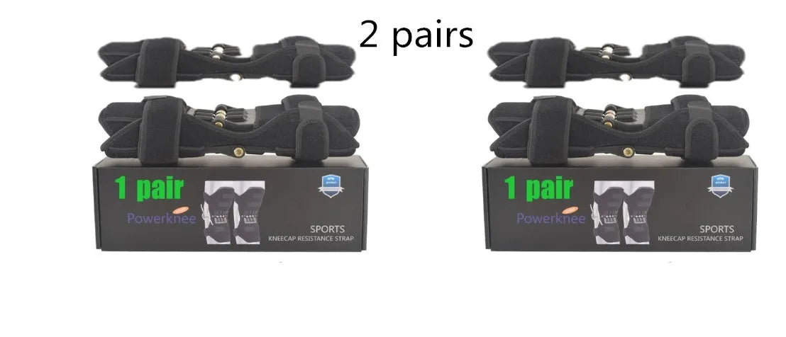 Adjustable spring knee brace for sports support in black, shown with straps.