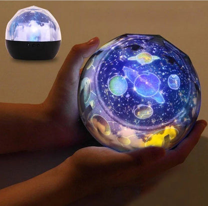 Galaxy Projector Lamp with various celestial projection effects, including moon, constellation, and earth patterns