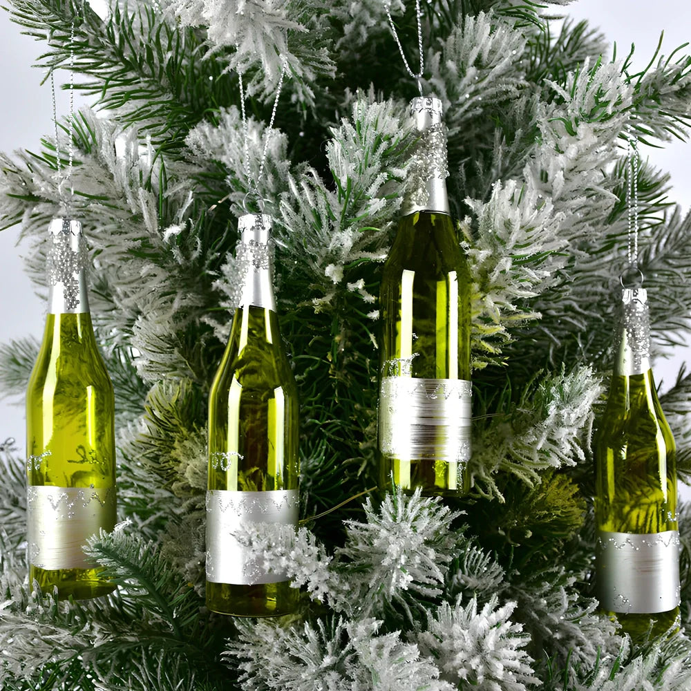 Glass Christmas pendants with 10cm donut and 13cm wine bottle designs in golden yellow and green colours
