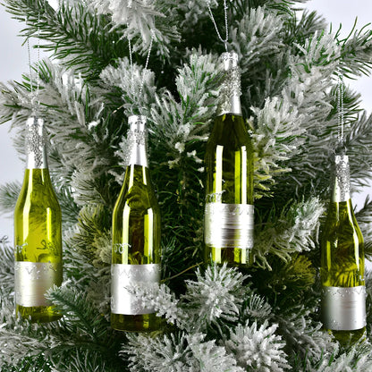 Glass Christmas pendants with 10cm donut and 13cm wine bottle designs in golden yellow and green colours