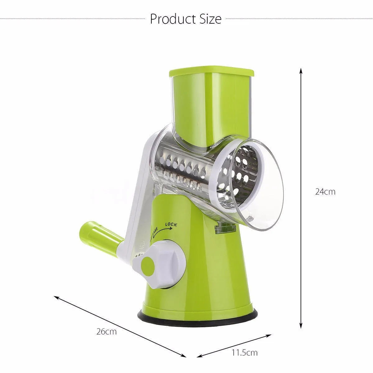 Round mandoline vegetable slicer with three stainless steel blades and a rubber suction base, in blue green colour.