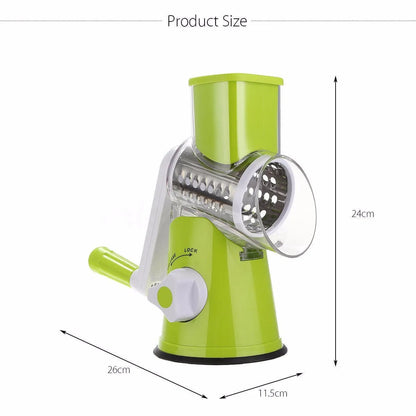 Round mandoline vegetable slicer with three stainless steel blades and a rubber suction base, in blue green colour.