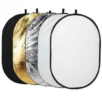 Collapsible 5-in-1 photography light reflector with gold, silver, white, black, and translucent surfaces