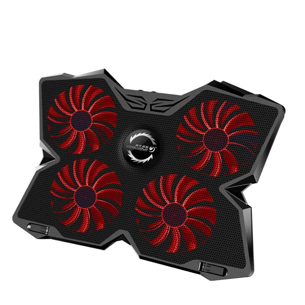 Blue laptop cooling base with four illuminated fans and USB ports for computer heat dissipation