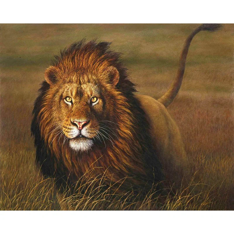 Frameless digital oil painting of a majestic lion, designed for a DIY home decor project with premium materials and supplies