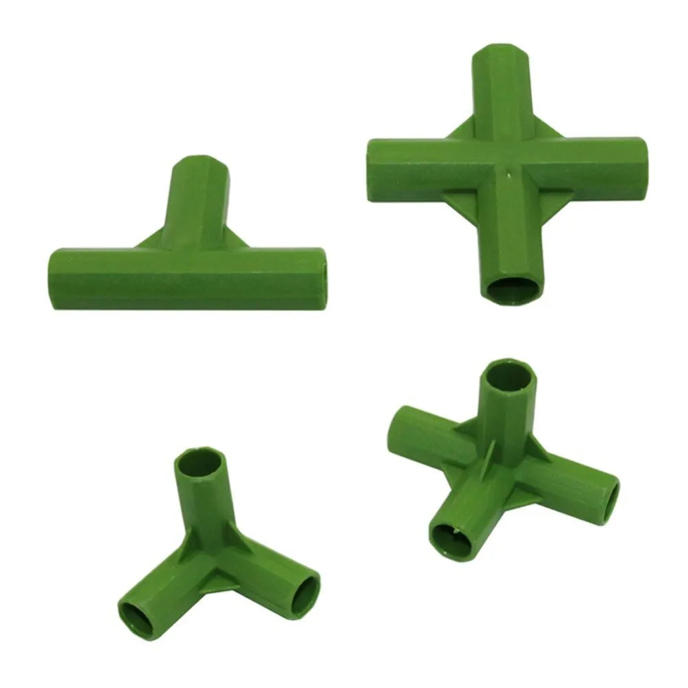 Two white PP plastic 3-way and 4-way plant support connector joints for 11mm garden stakes.