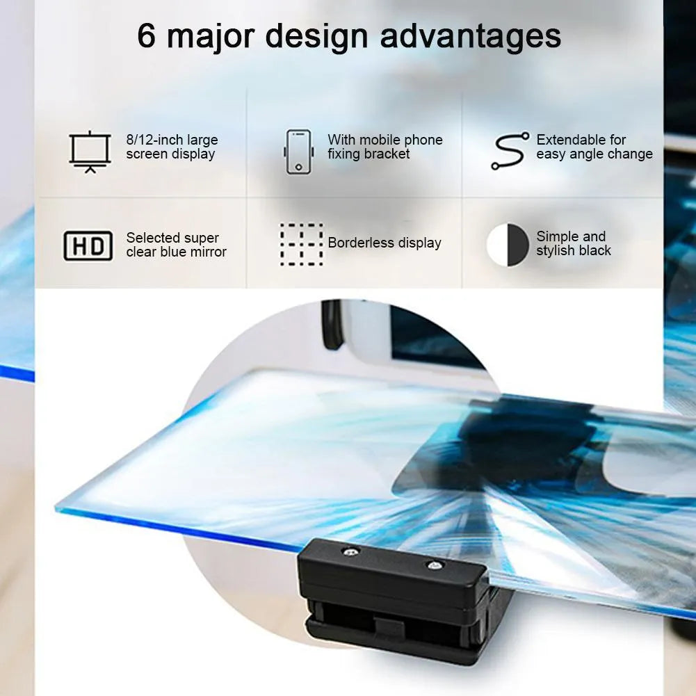 Black mobile phone screen amplifier with 12-inch acrylic display on adjustable rotating bracket