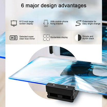Black mobile phone screen amplifier with 12-inch acrylic display on adjustable rotating bracket