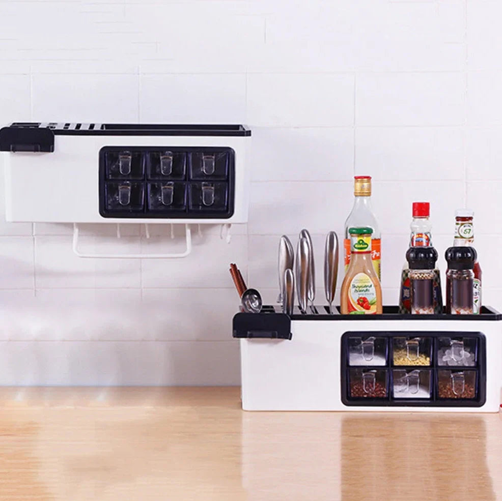 White wall-mounted plastic storage jar with pull-out transparent drawers for seasonings and kitchen utensils, dimensions 43.5cm x 16.7cm x 15.7cm