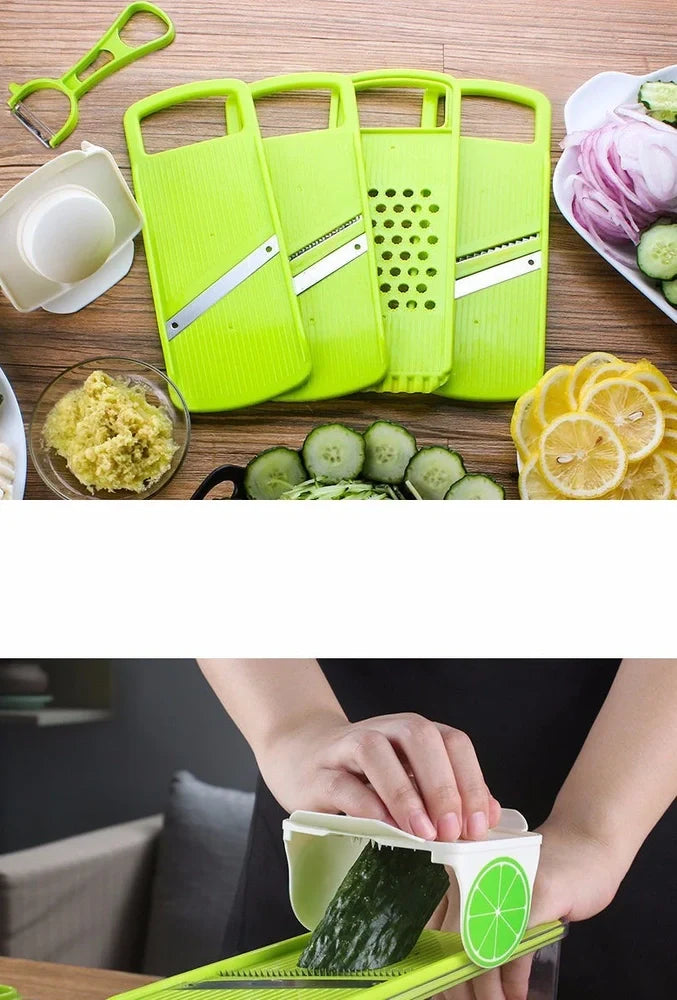 Multi-function stainless steel vegetable slicer with four blades, hand protector, and clear collection box, 26x10x10cm size
