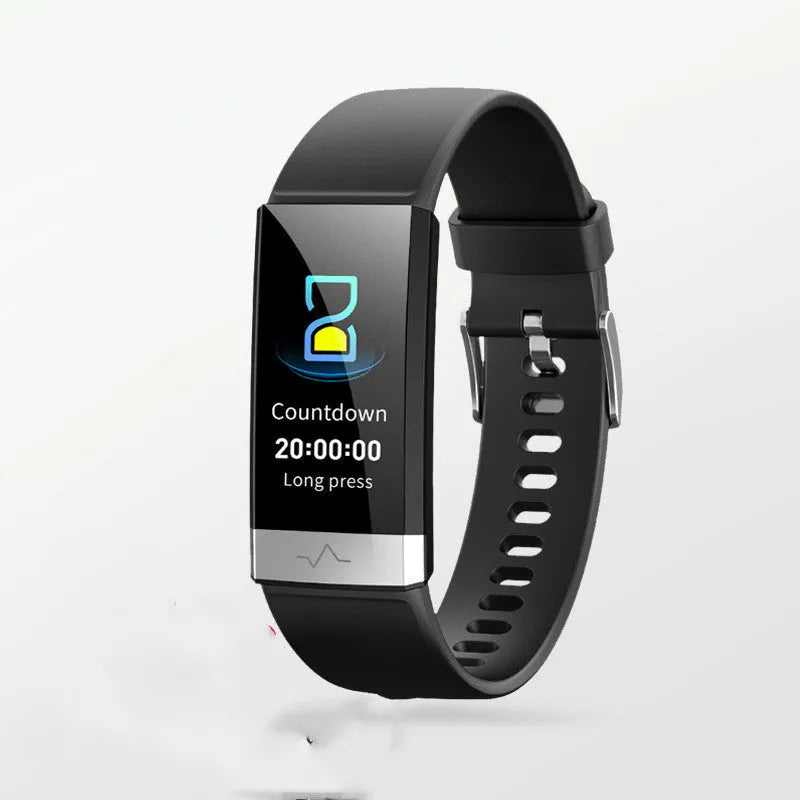 V19 smart health tracker in black on a wrist, showing colour display with heart rate and SpO2 data.