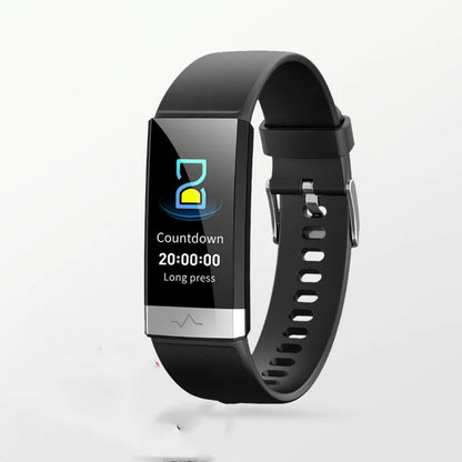 V19 smart health tracker in black on a wrist, showing colour display with heart rate and SpO2 data.