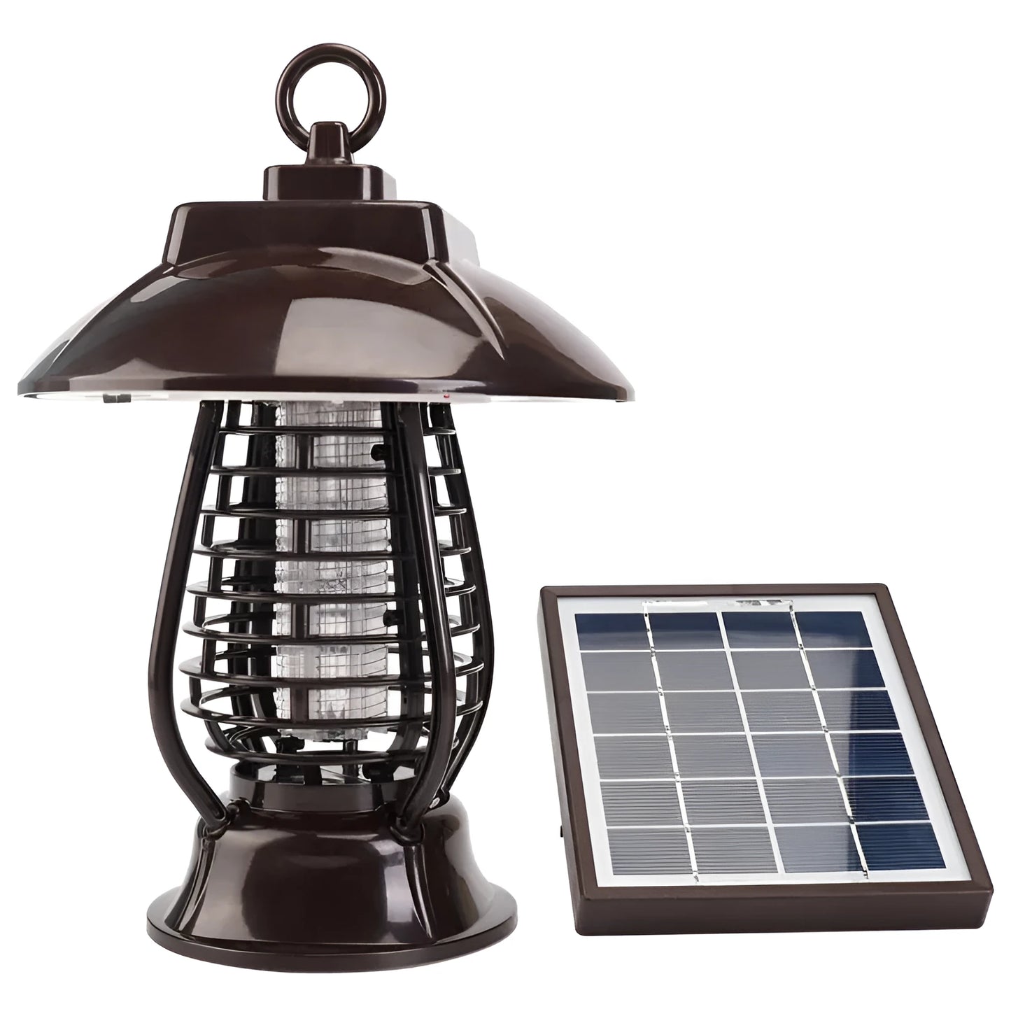 White and black solar-powered electronic mosquito lamp for garden outdoor insect control.