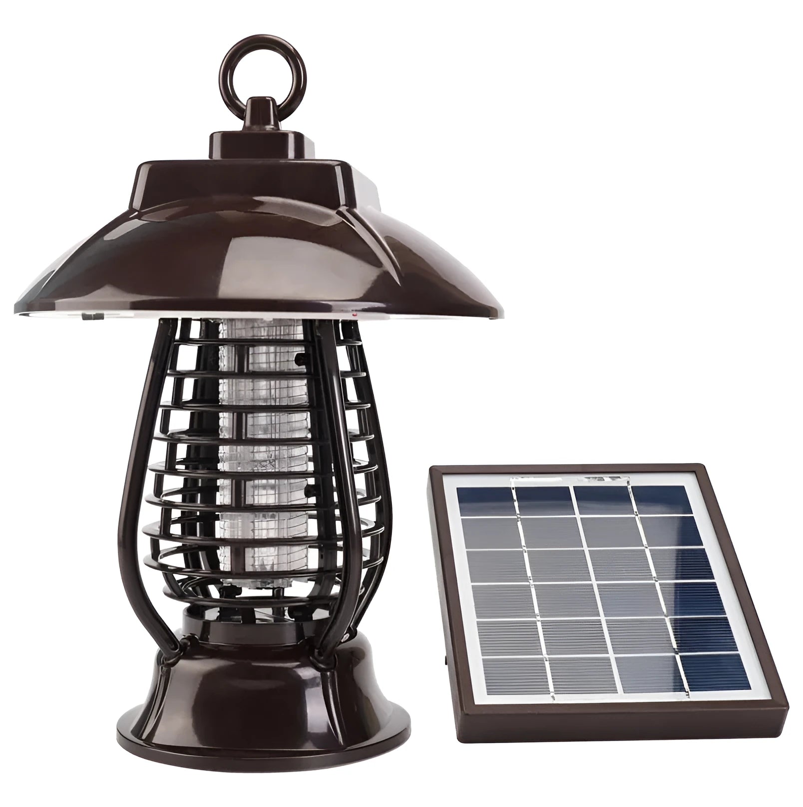White and black solar-powered electronic mosquito lamp for garden outdoor insect control.