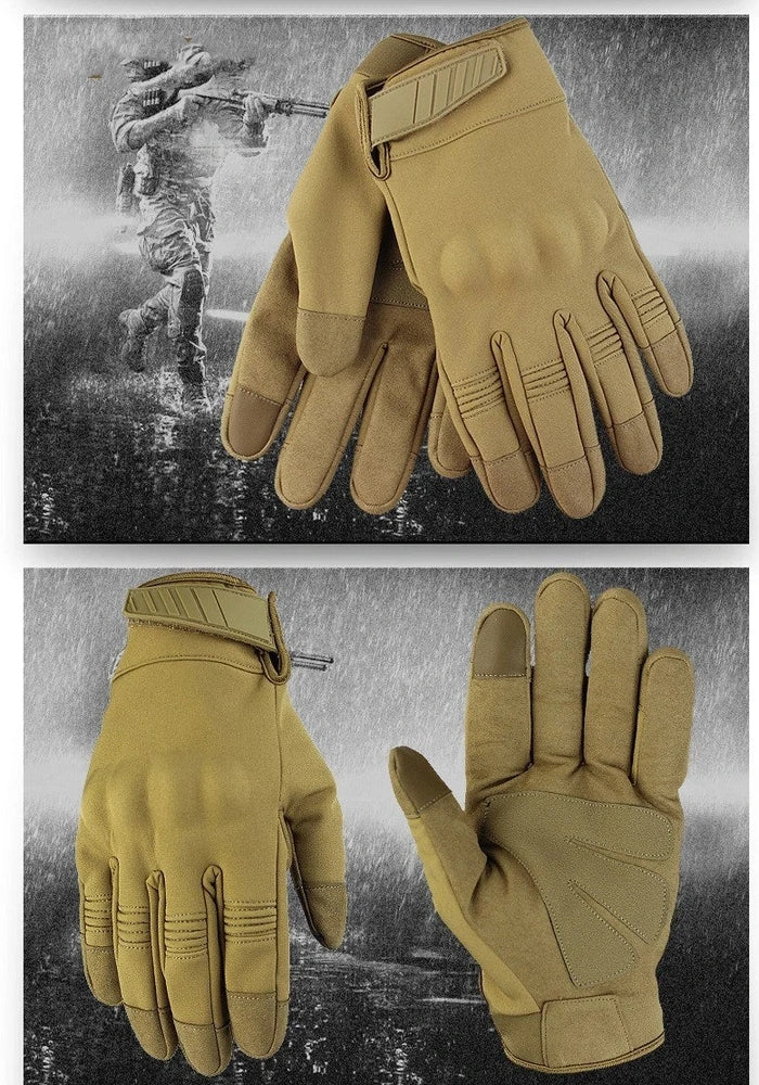 Outdoor tactical gloves with conductive fingertips and reinforced palm grip in camouflage pattern