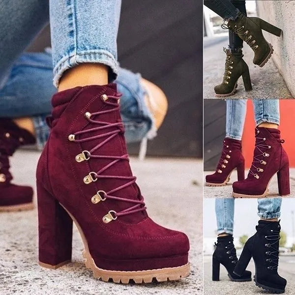 Women's suede high-heel ankle boots in army green with waterproof platform and rivet detailing