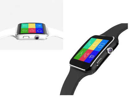 Smart watch with 1.54-inch touch screen display and silicone strap in black, gold, or white colours