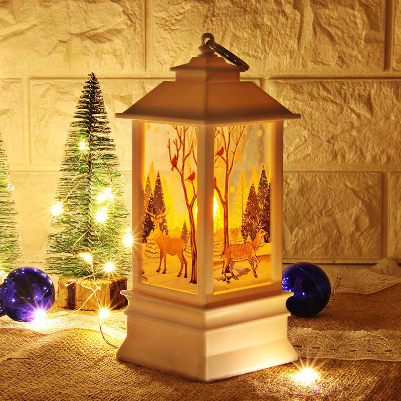 Festive LED Christmas lanterns with Santa Claus, snowman, and other holiday-themed designs