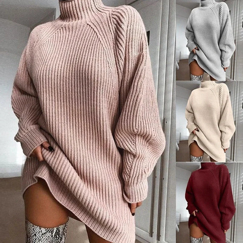 Cozy turtleneck sweater dress in various colors and styles for women, perfect for cold winter days