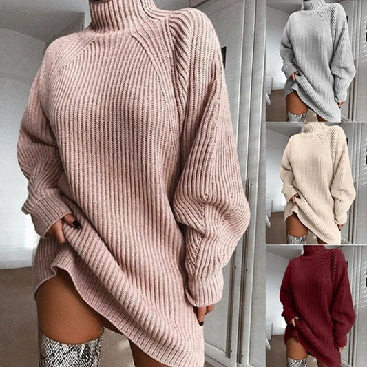 Cozy turtleneck sweater dress in various colors and styles for women, perfect for cold winter days